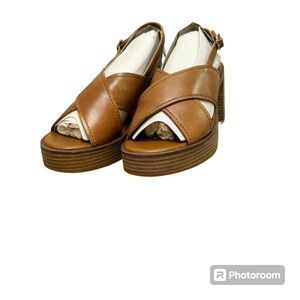 NWT Lucky Brand Women’s Delmie Tan Open Toe Block Heel Sandals Size 9 1/2M